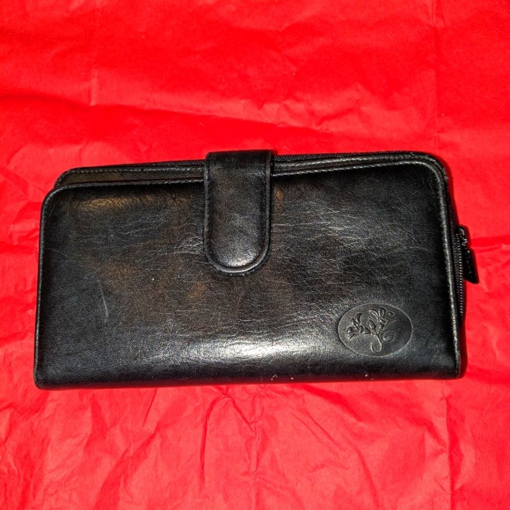Buxton Black Zip Around Card Cash Coin Organizer Wallet Genuine soft leather